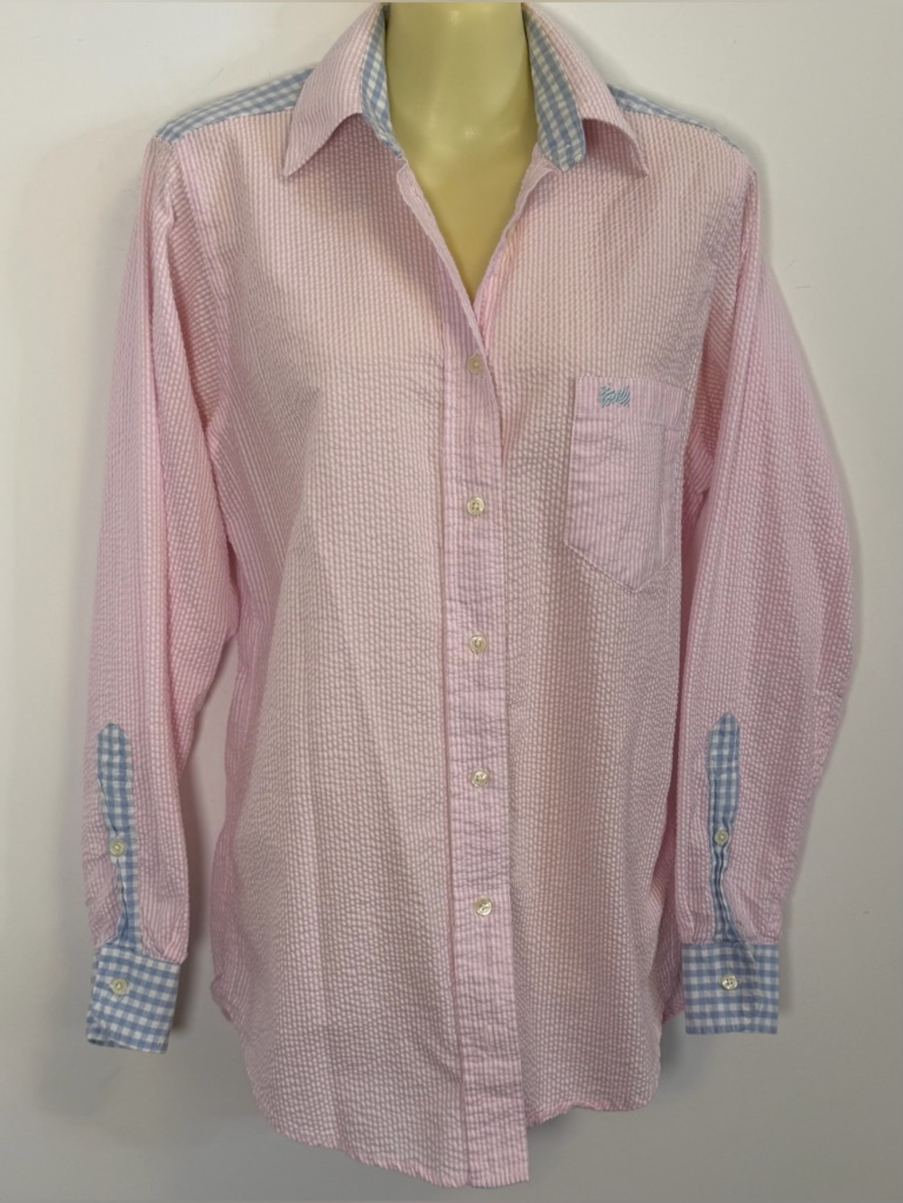 Fraternity Collection Pink Seersucker Button-Up Shirt with Blue Check Accents